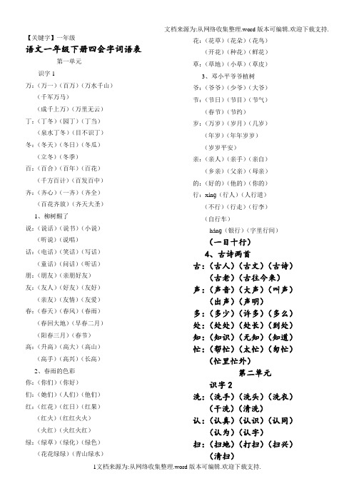 【一年级】语文一年级下册四会字词语表