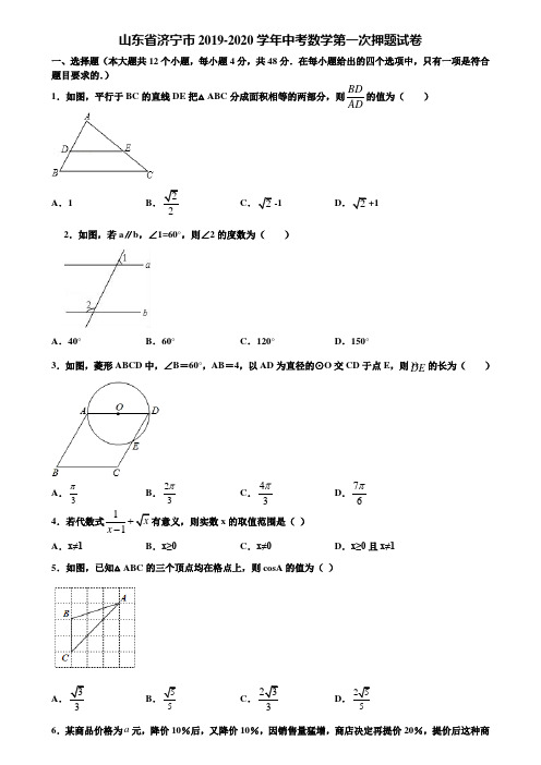 山东省济宁市2019-2020学年中考数学第一次押题试卷含解析