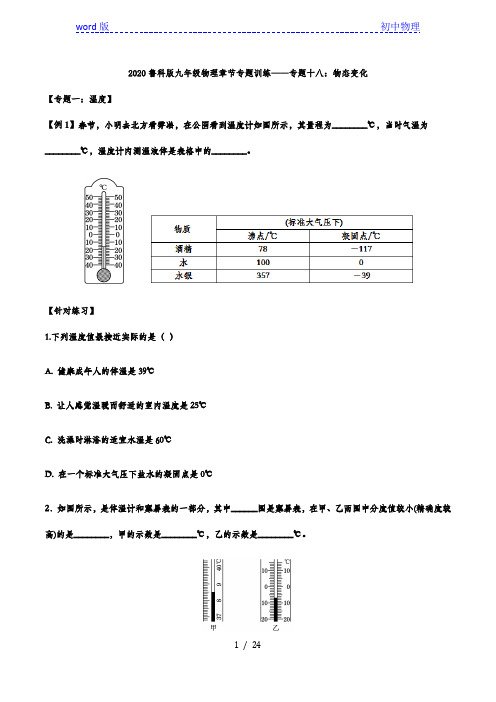 2020鲁科版九年级物理章节专题训练——专题十八：物态变化