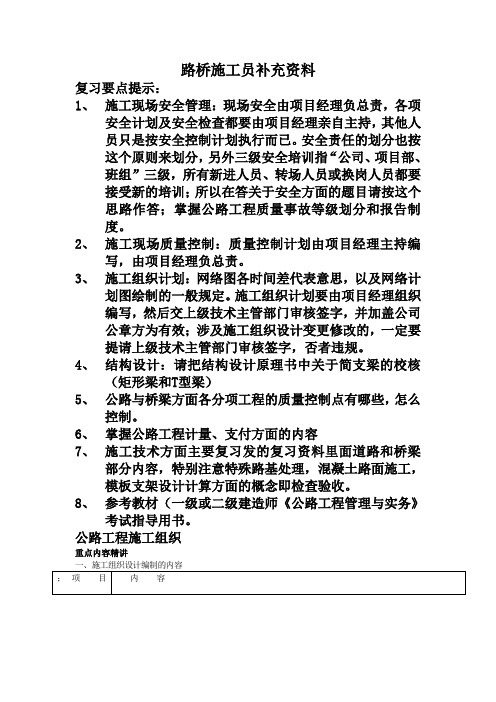 路桥施工员补充资料(doc 21页)(正式版)