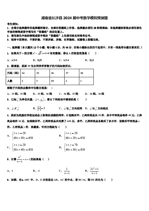 湖南省长沙县2024届中考数学模拟预测题含解析