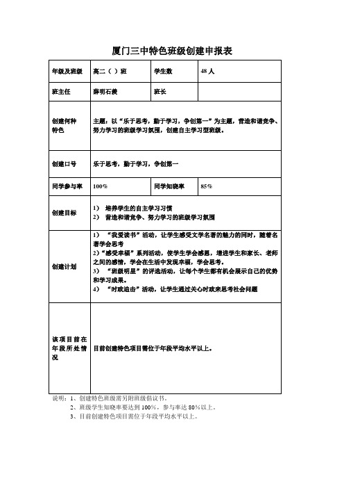 高中特色班级创建申报表(两例)