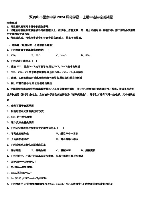 双鸭山市重点中学2024届化学高一上期中达标检测试题含解析