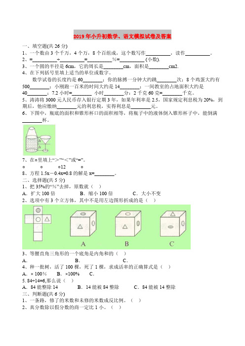 2019年小升初数学、语文模拟试卷及答案