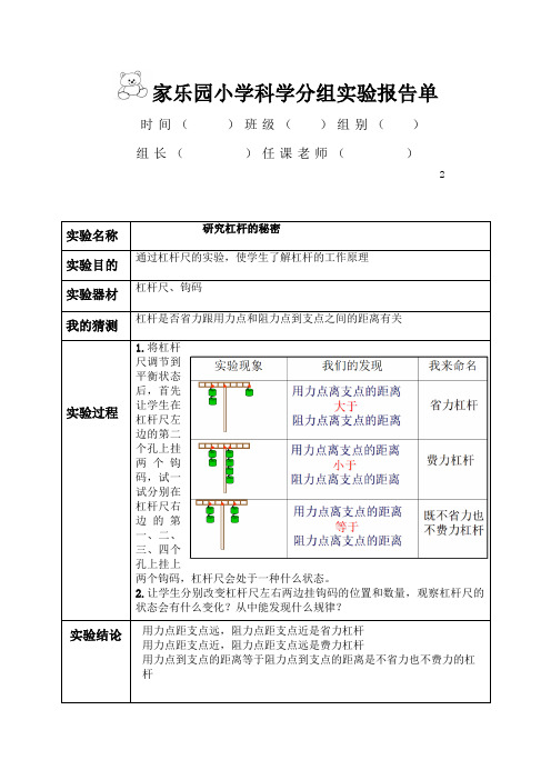 《杠杆的科学》公开课实验报告单(含答案)