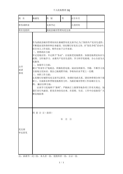 城管党支部党员公开承诺书