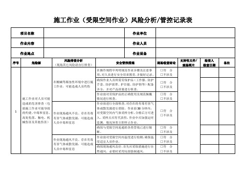 施工作业(受限空间作业)风险分析管控记录表