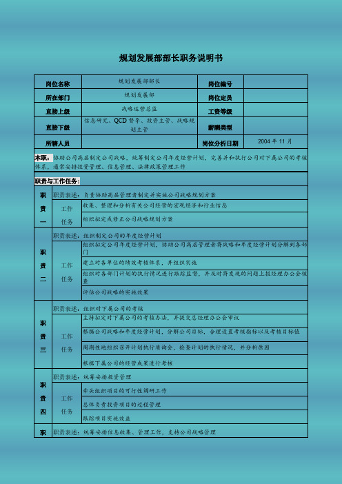 规划发展部部长职务说明书