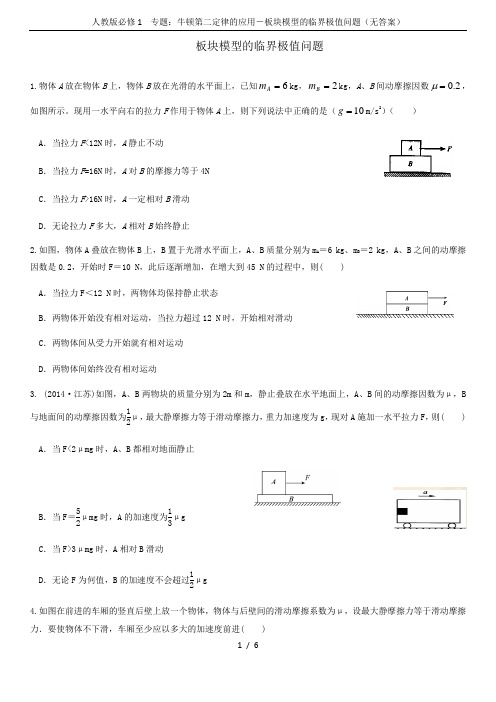 人教版必修1 专题：牛顿第二定律的应用-板块模型的临界极值问题(无答案)