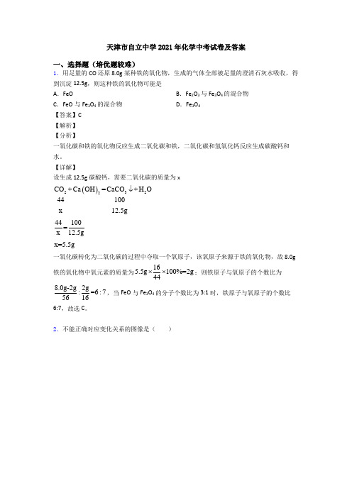 天津市自立中学2021年化学中考试卷及答案