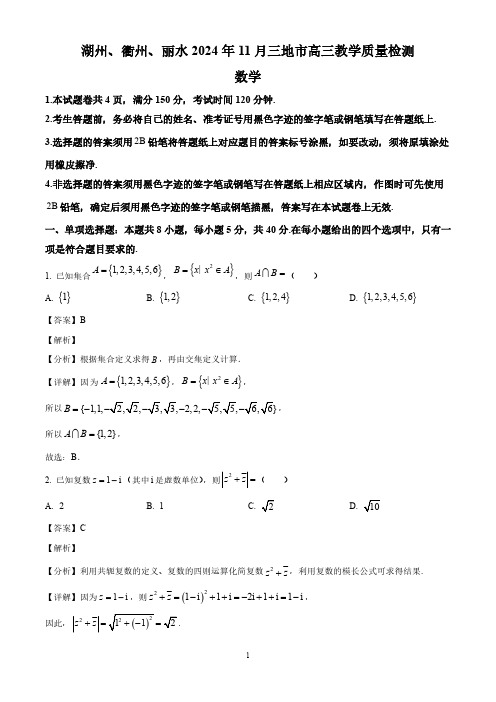 浙江省湖州、衢州、丽水三地市2024-2025学年高三上学期11月教学质量检测  数学