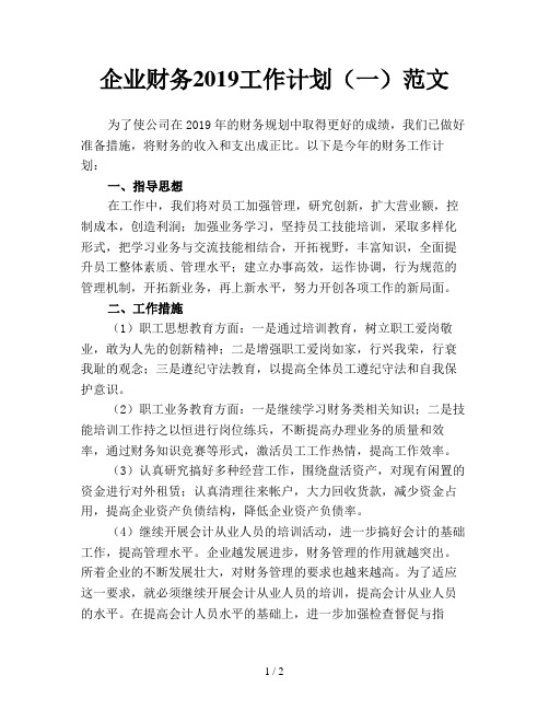 企业财务2019工作计划(一)范文