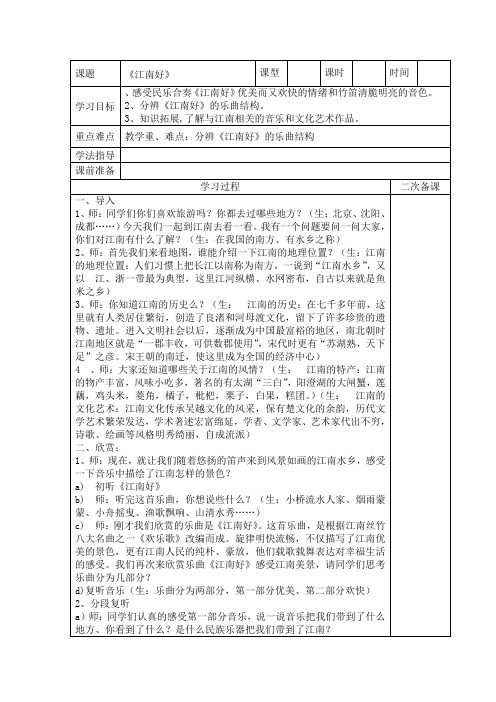 人教版小学音乐四年级下册《江南好》表格式教案