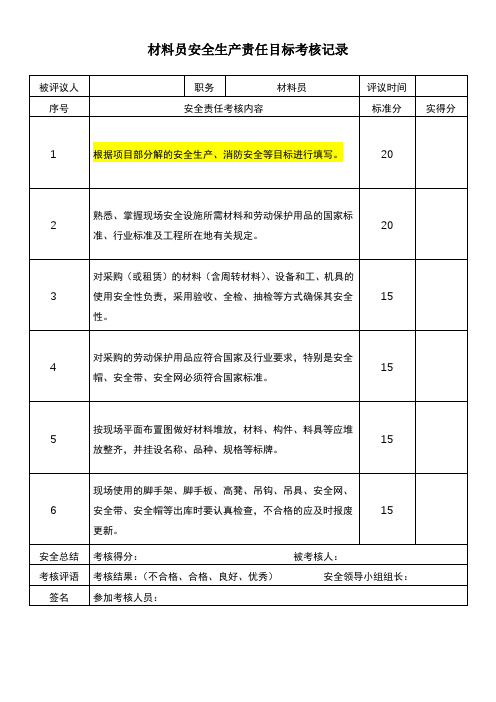 材料员安全生产责任目标考核记录