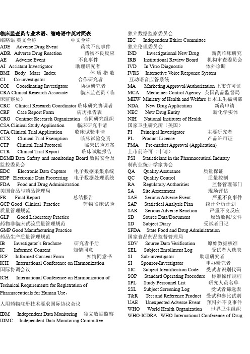 临床监查员专业术语、缩略语中英对照表