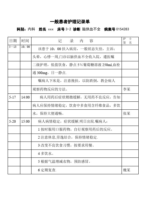 一般护理记录单书写模板(2)