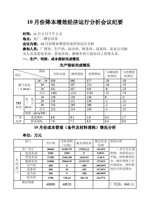 11月份降本增效经济运行分析会议纪要