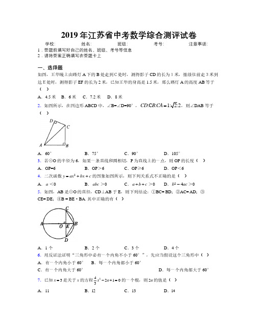 2019年江苏省中考数学综合测评试卷附解析