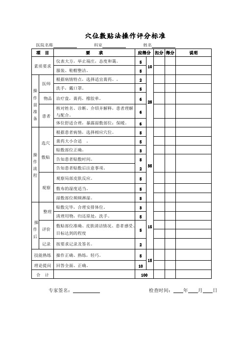 穴位敷贴法操作评分标准