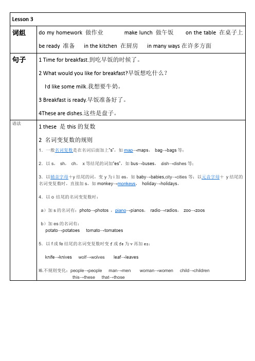 冀教版三起六年级上册知识点Lesson 3