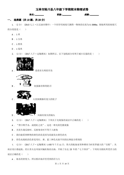 玉林市陆川县八年级下学期期末物理试卷