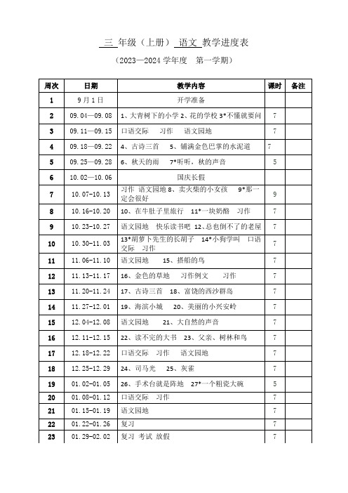 2023-2024学年度第一学期教学进度表(三年级语文)