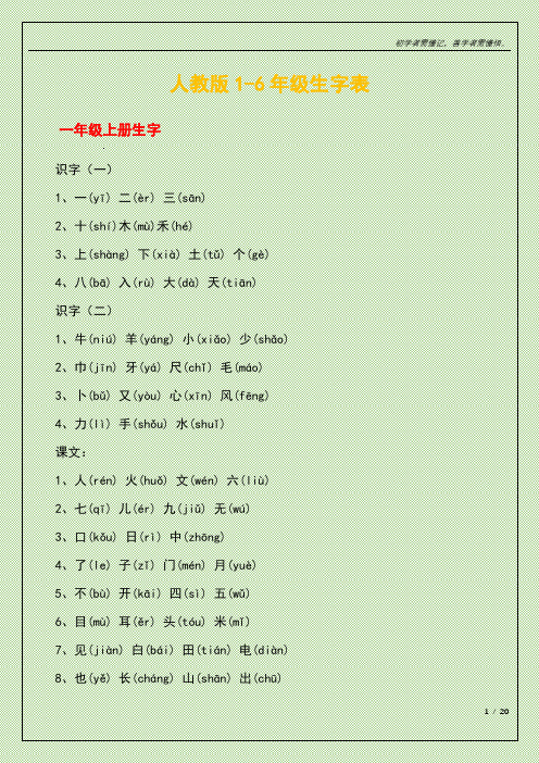 人教版1-6年级生字表