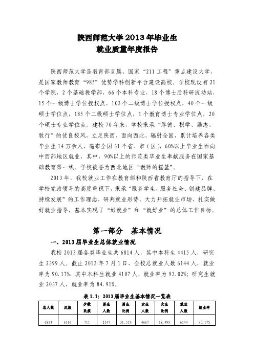 陕西师范大学2013年毕业生就业质量年度报告