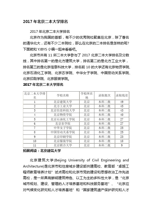 2017年北京二本大学排名