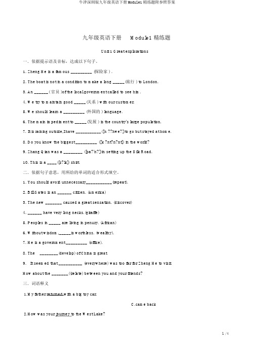 牛津深圳版九年级英语下册Module1精练题附参考答案