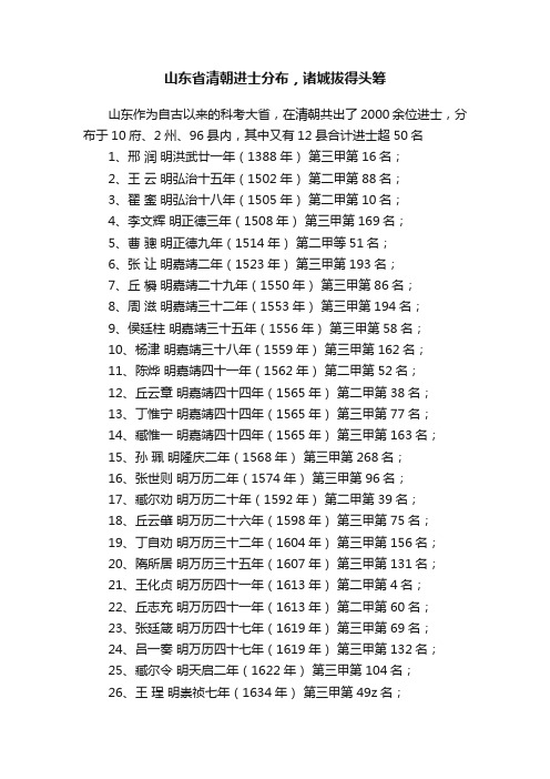 山东省清朝进士分布，诸城拔得头筹