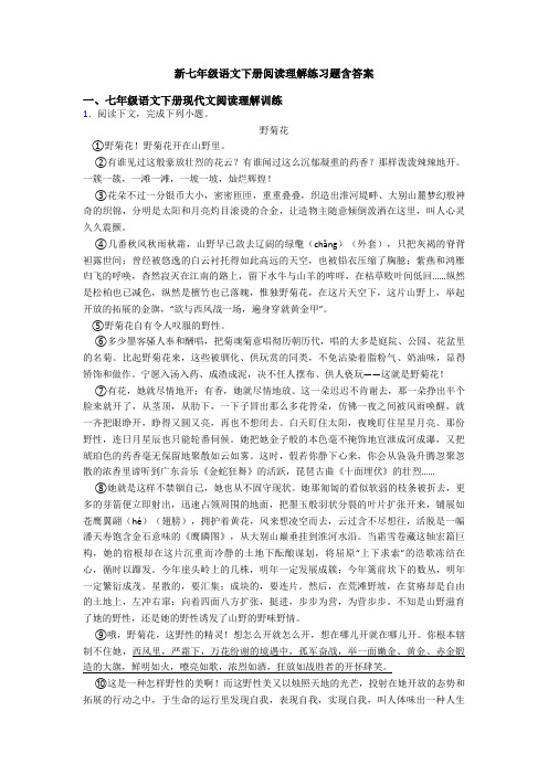 新七年级语文下册阅读理解练习题含答案