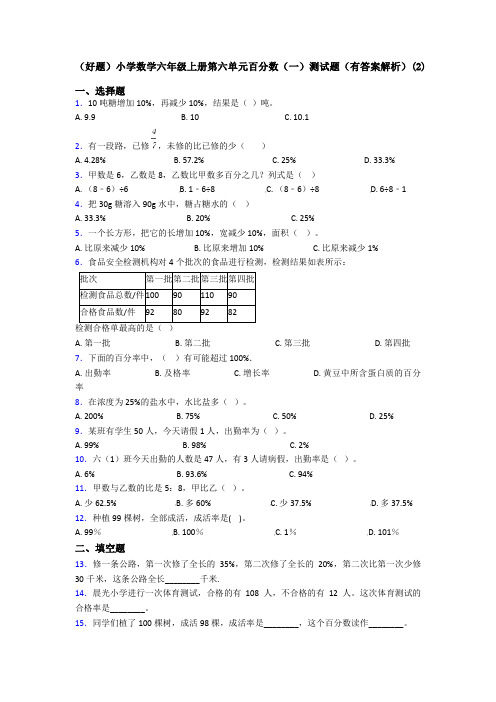 (好题)小学数学六年级上册第六单元百分数(一)测试题(有答案解析)(2)