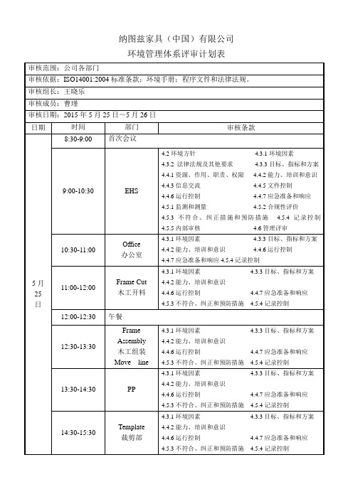 2015年环境体系内审计划