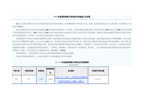 2011年百篇优秀博士论文公示