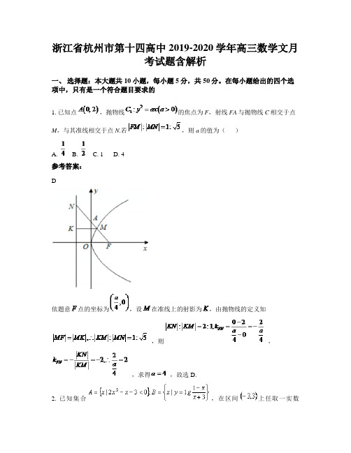 浙江省杭州市第十四高中2019-2020学年高三数学文月考试题含解析