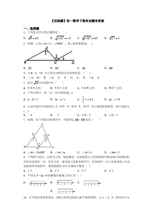 【压轴题】初一数学下期末试题含答案