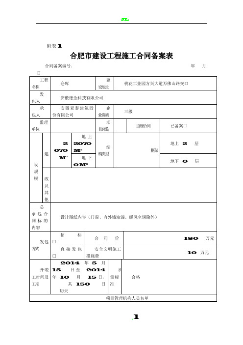 合肥市建设工程施工合同备案表