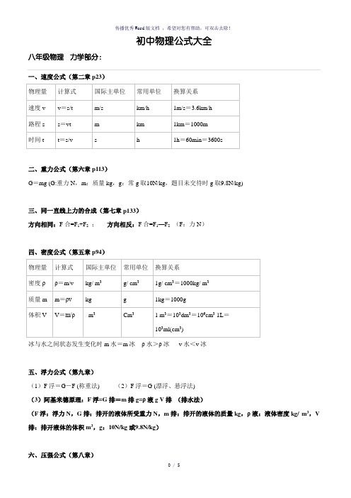 初中物理公式(沪科版)