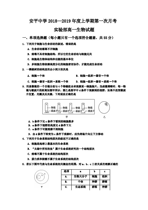 河北省安平中学2018-2019学年高一上学期第一次月考生物试题(实验部)