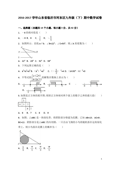 山东省临沂市河东区2017届九年级(下)期中数学试卷(解析版)