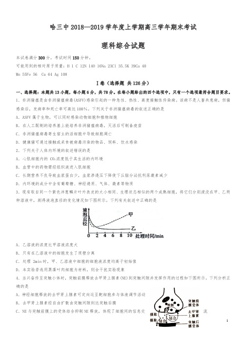 黑龙江省哈尔滨市第三中学校2019届高三上学期期末考试理科综合试卷(含答案)