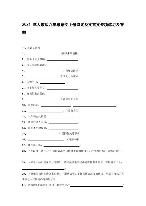 2021年人教版九年级语文上册诗词及文言文专项练习及答案