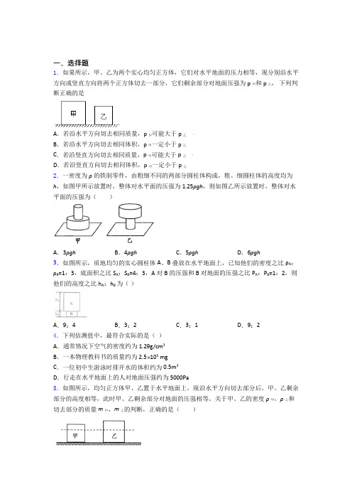 初二物理下学期第九章 压强单元 易错题同步练习