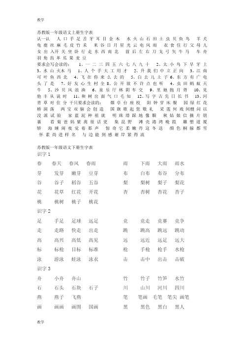 苏教版一年级语文上册生字表