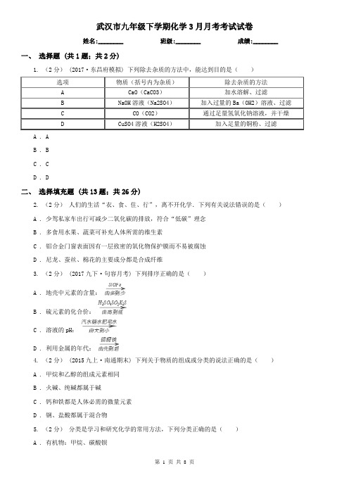 武汉市九年级下学期化学3月月考考试试卷