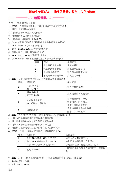 (云南专版)2019年中考化学总复习 滚动小专题(六)物质的检验、鉴别、共存与除杂习题