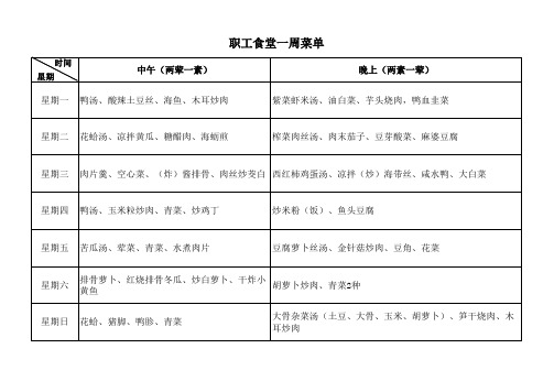 职工食堂一周菜谱