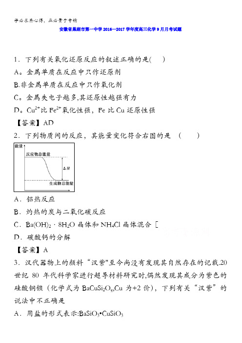 安徽省巢湖市第一中学2017届高三化学9月月考试题 含答案