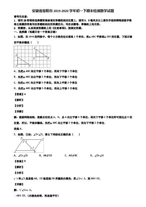 安徽省阜阳市2019-2020学年初一下期末检测数学试题含解析